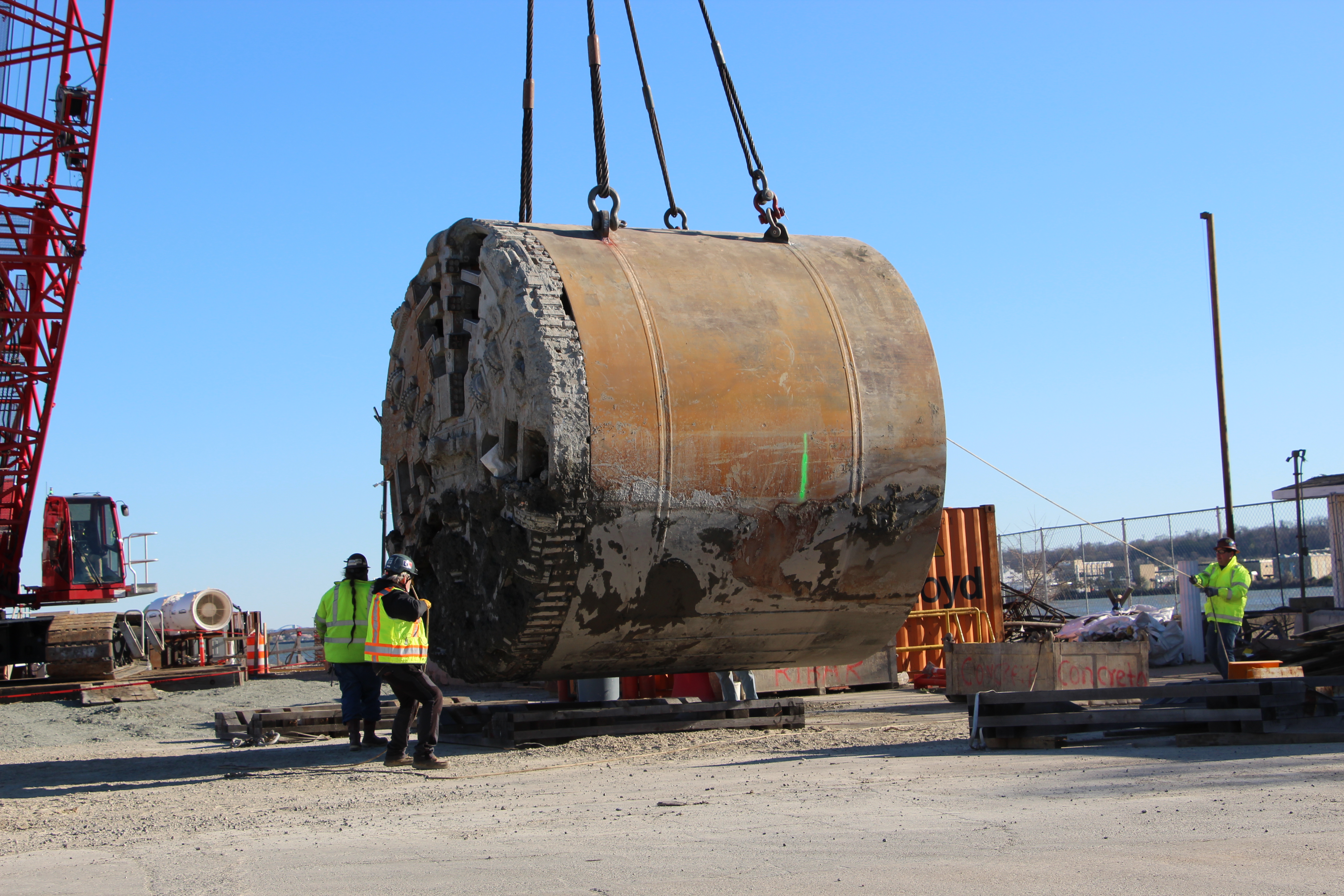 Hazel the Tunnel Boring Machine is set down on blocks.