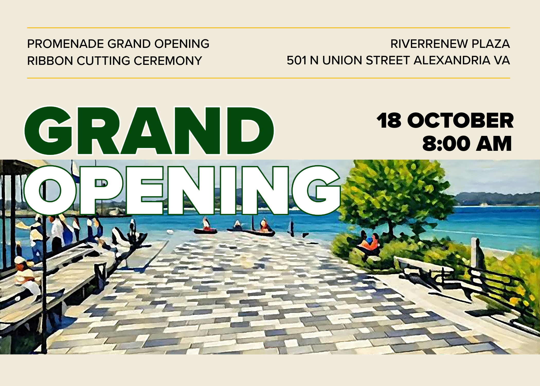 Graphic with a stylized rendering of the Pendleton Promenade along the Potomac River. Grand Opening is written in large letters across the top of the invite, with the date and location in smaller font above.