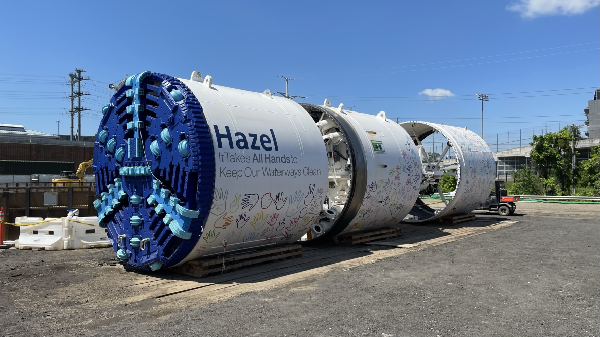 image of a tunnel boring machine with Hazel printed on the side in blue.