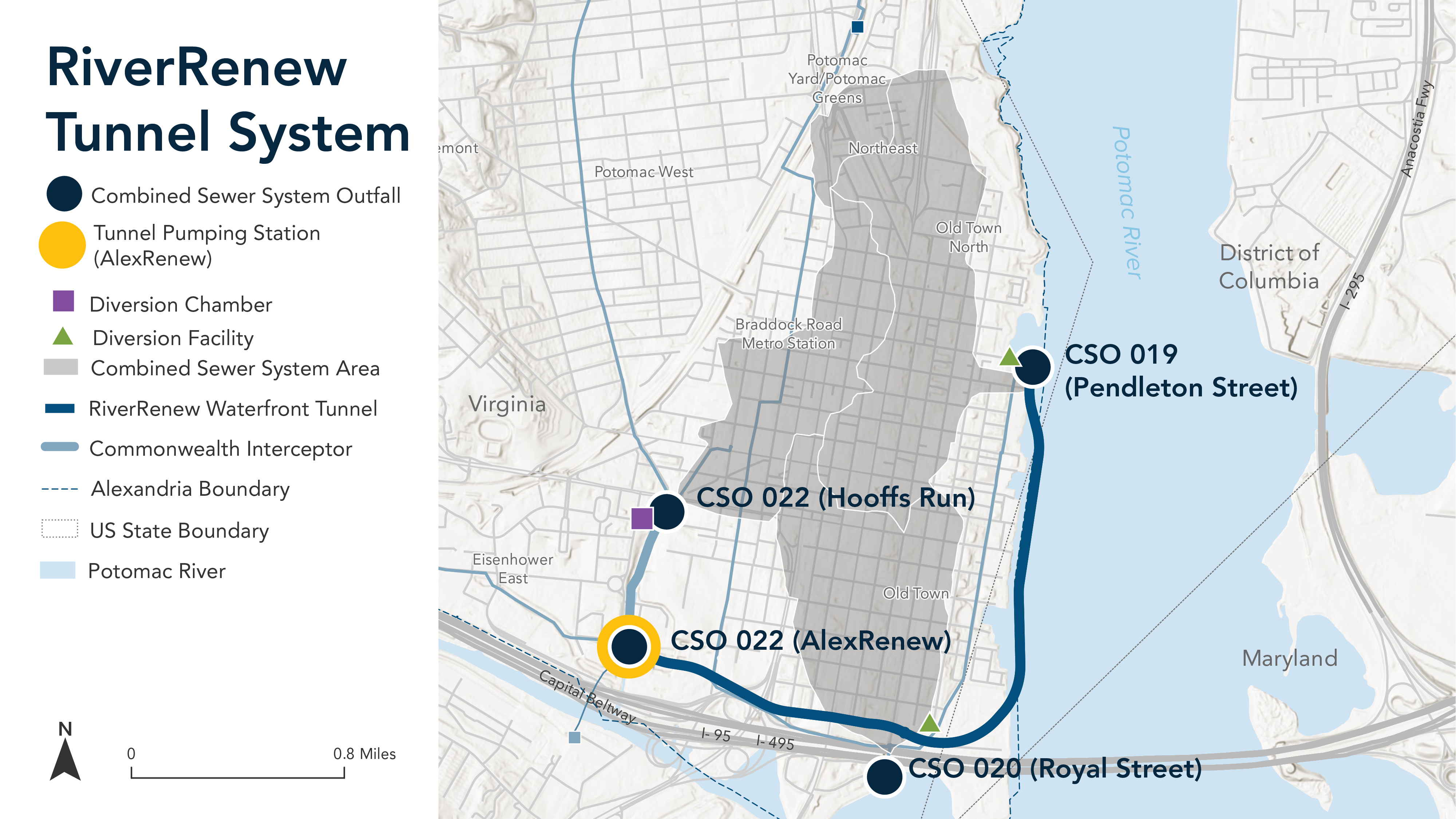 Map showing RiverRenew features including waterfront tunnel and combined sewer outfalls.