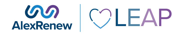 AlexRenew logo paired with the LEAP logo with a blue and purple heart next to it.
