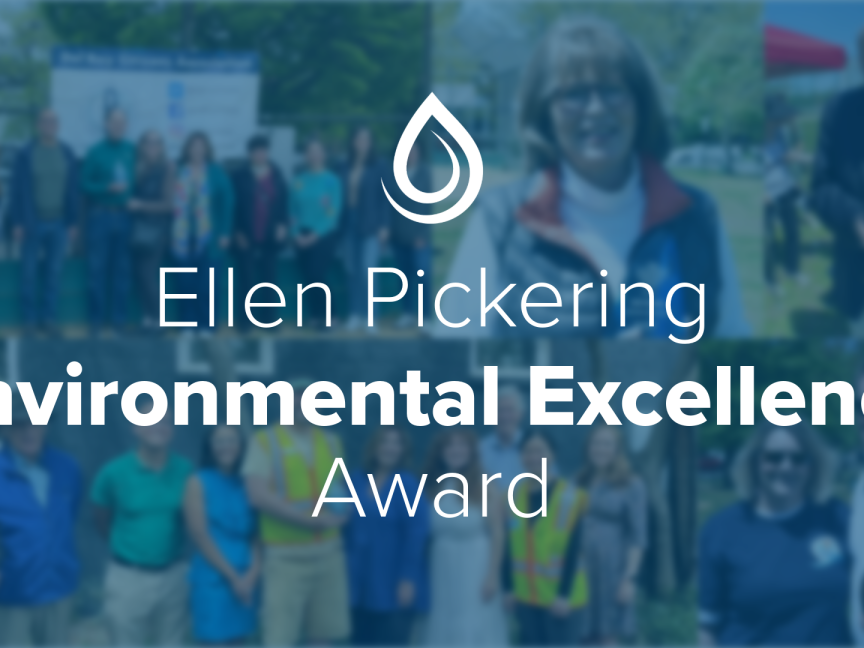 Blue graphic with "Ellen Pickering Environmental Excellence Award" written in white text below the teardrop-shaped logo of the award.