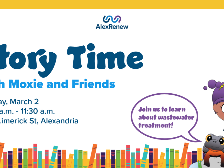 Bright yellow graphic advertising Story Time with Moxie and Friends. Cartoon books and Moxie and her pet turtle Turbo sit in the corner.